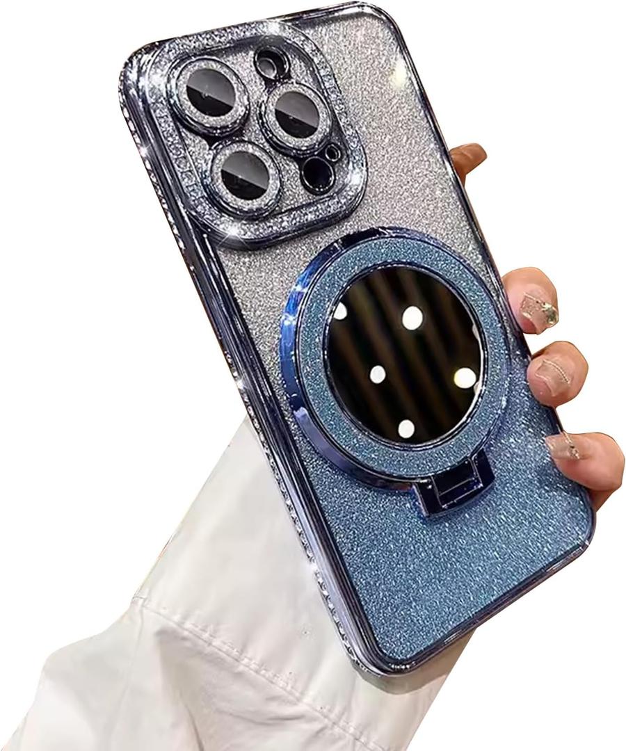 Fycyko for iPhone 13 Pro with Mirror Kickstand Glitter Luxury Holder Stand Plated Bling Aesthetic Phone Case Shockproof for iPhone 13 Pro-Blue