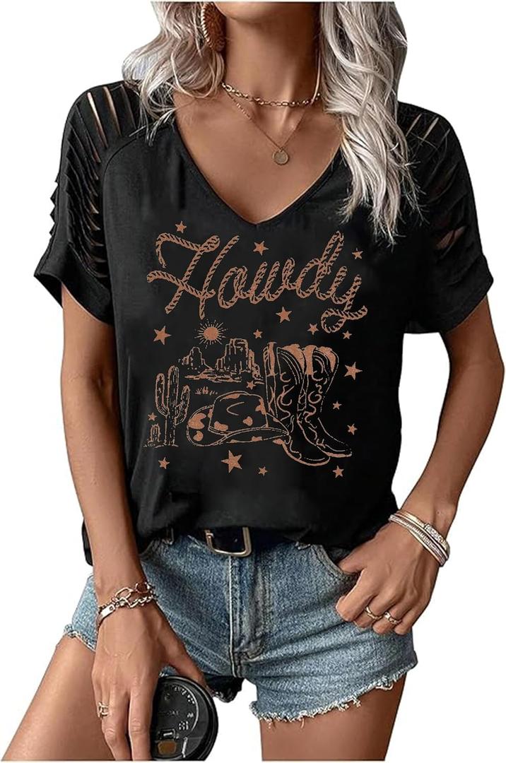 Howdy V-Neck Shirts Women Country Music Tshirt Western Graphic Tee Cowgirls Summer Cold Shoulder Country Concert Tops(Black3-XL)
