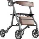 Zero Wobble Rollator Walker with Seat for Seniors, 350lb Capacity, 18" Extra Wide Seat, 8" Wheels & Dual Brake, One-Hand Folds to 9.6", 7-Level Handle Adjustable, Cup Holder & Cane Clip