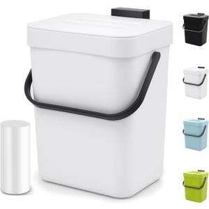 Indoor Compost Bin - 1.3 Gallons Hanging Small Trash Can with Lid for Kitchen Bathroom, Under Sink Kitchen Trash Can, Indoor Counter Compost Bucket with Lid, 5L(White)