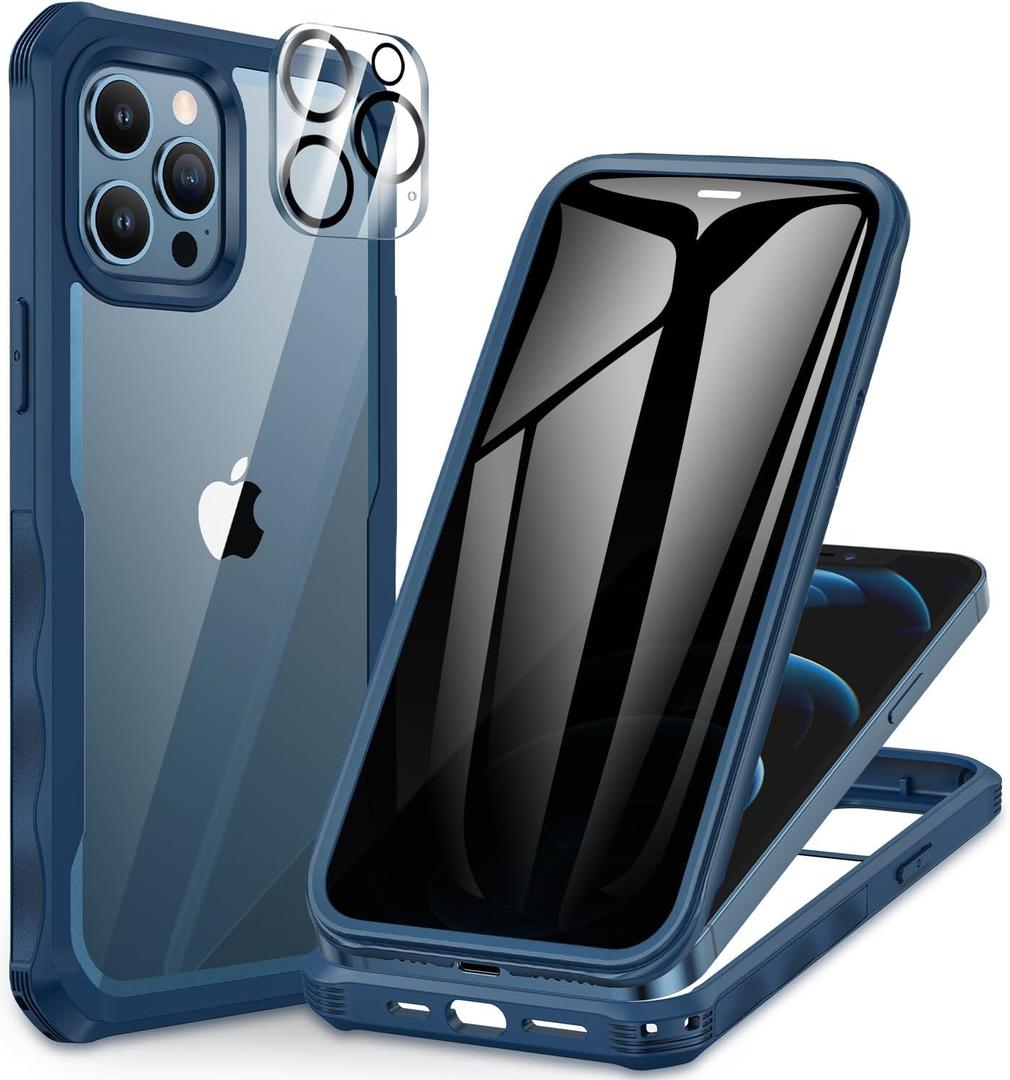 CENHUFO Privacy for iPhone 12 Pro Max Case, Full Body Phone Case with Built-in 9H Tempered Glass Privacy Screen Protector and Camera Lens Protector, Anti Peep Shockproof Bumper Clear Cover - Blue