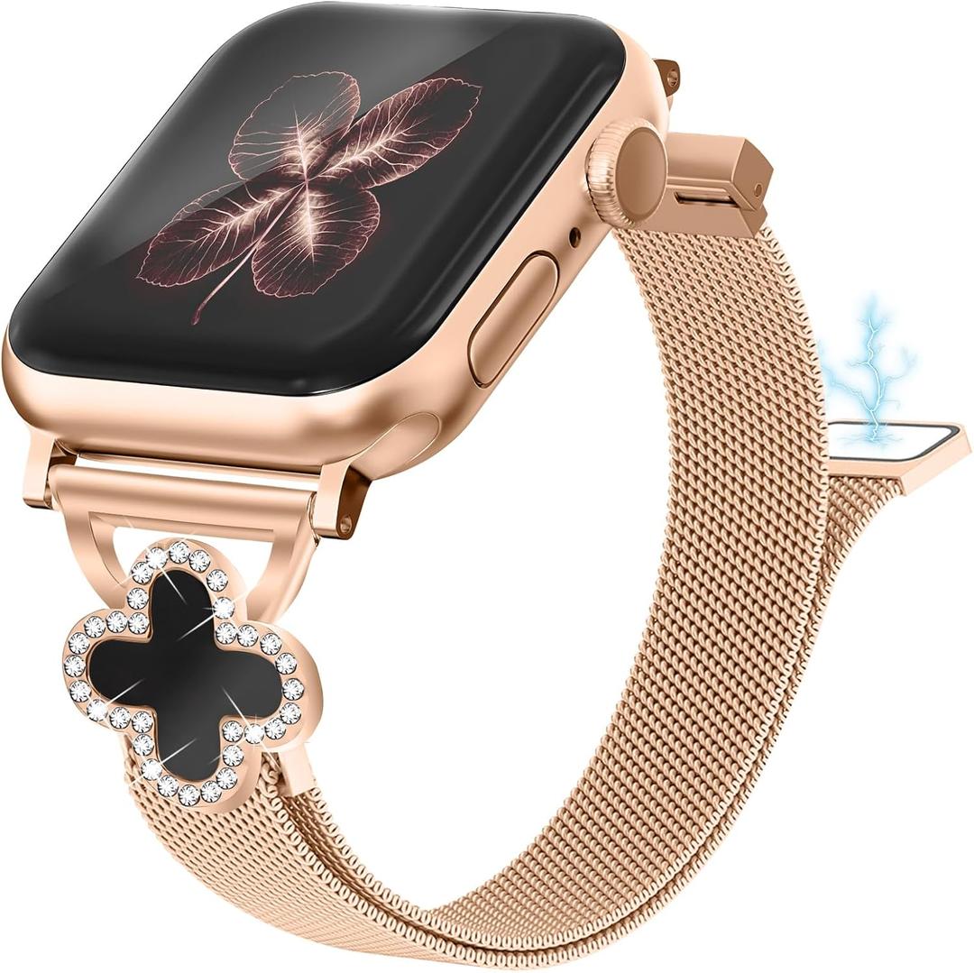 Joyozy Slim Metal Band Compatible with Apple Watch Band 38mm 40mm 41mm 42mm 44mm 45mm 46mm 49mm Skinny Magnetic Strap with Bling Charms, Cute Stainless Steel Band, Dressy Thin iWatch Bracelet for Women (Rose Gold, 49/46/45/44MM/(42MM-Series 3 2 1)-Large Wrist)