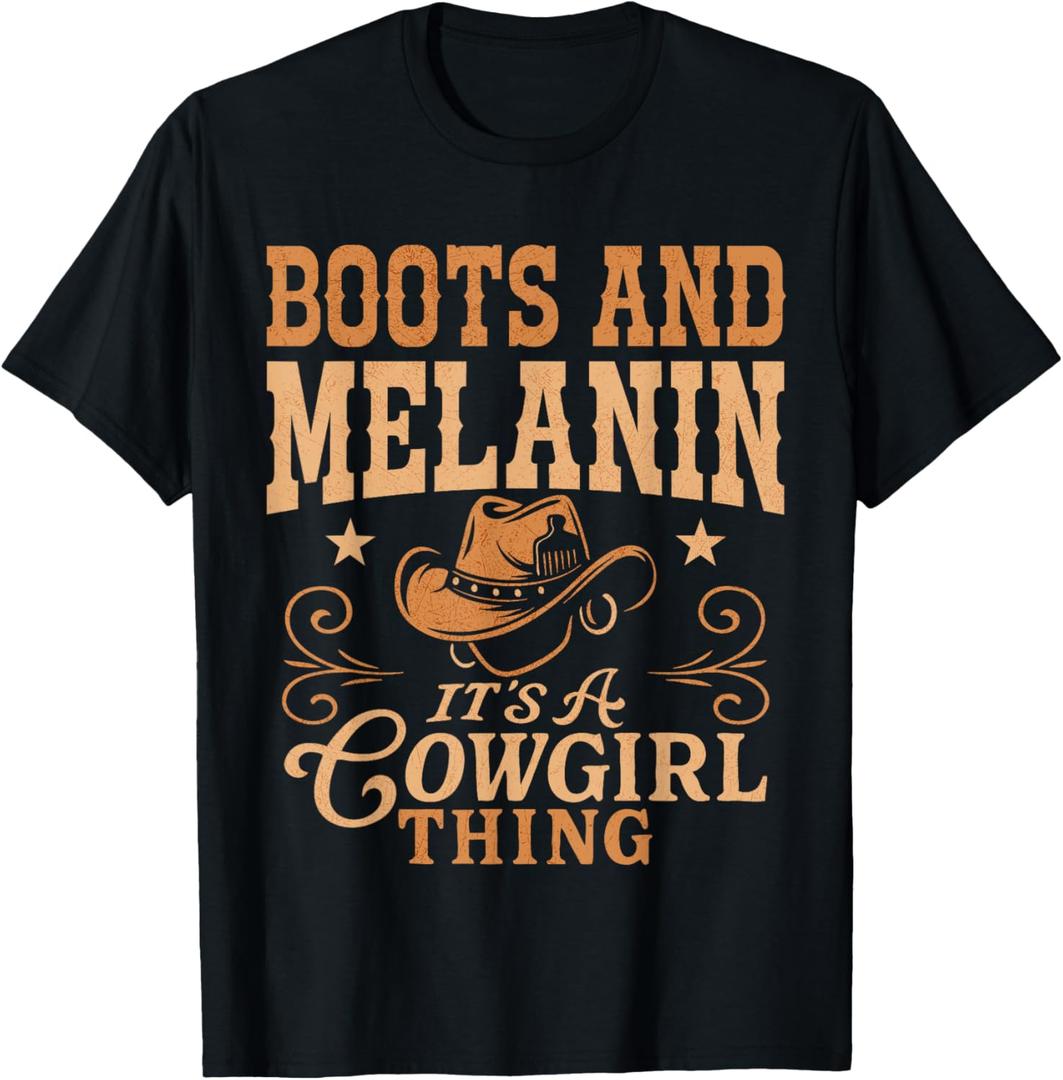 Western Country Texas Black Cowgirl Boots and Melanin T-Shirt (Black, M)