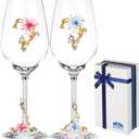 BTaT- Fancy Wine Glasses Set of 2, 17 oz, Blue & Red, Flower Design with Gift Box, Floral Wine Glasses Fancy, Dishwasher Safe