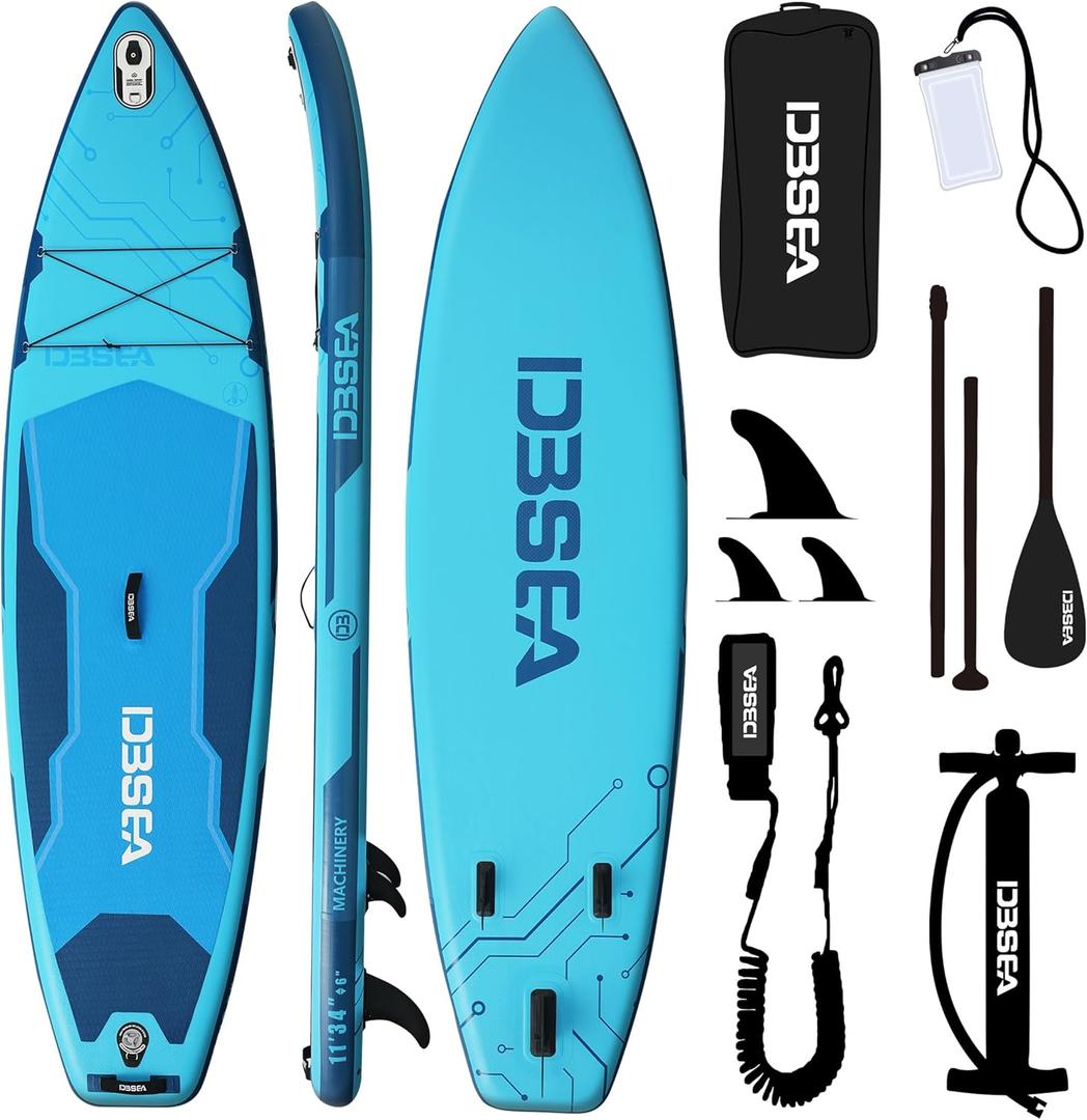11'×34"×6" Inflatable Paddle Board, Wide Stable SUP with Adj Paddle, Pump, Backpack, Leash, Waterproof Bag – Ideal for Beginners, Yoga, Fishing - Deep Tide