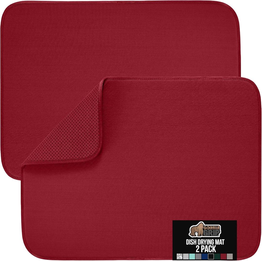 GORILLA GRIP Ultra Water Absorbent Microfiber Dish Drying Mat 2 Pack, Quick Dry Thick Mesh, Slip Resistant Pad for Sink Dishes or Under Rack, Kitchen Counter Accessories, Machine Wash, 18x16 Inch, Red