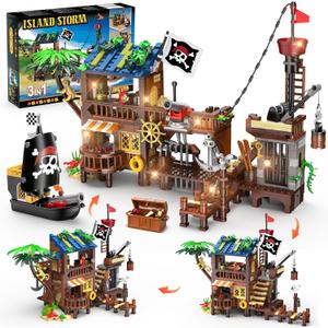 HOGOKIDS Pirate Ship House Building Set with LED Light - 3 Style Modes Pirate Wharf Supply Center Building Block Set, 781PCS STEM Bricks Kit for Kids Girls Boys Ages 6-12+ Valentines Gifts