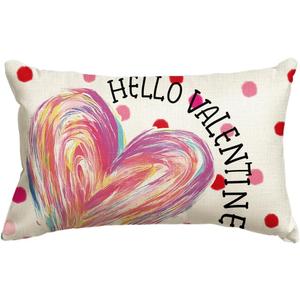 AVOIN colorlife Hello Valentine's Day Pink Heart Throw Pillow Cover, 12 x 20 Inch Polka Dots Love Anniversary Wedding Cushion Case Decoration for Sofa Couch