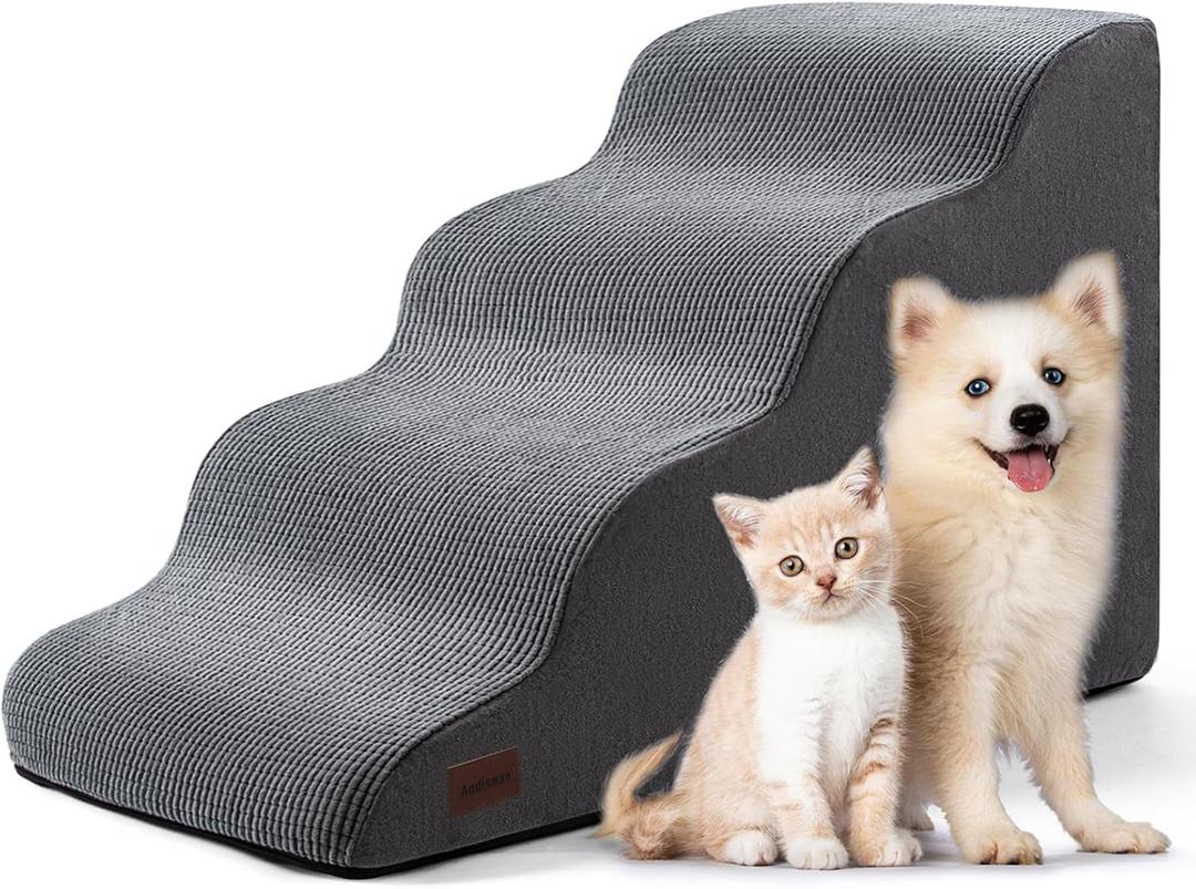 4-Step Dog Stairs and Ramp for Beds or Couches  Non-Slip Sturdy Pet Steps for Small Dogs and Cats,20.9" H,Grey