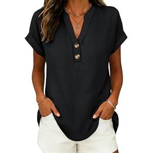 ANRABESS Womens Spring Tops 2026 Short Sleeve Shirts Henley Dressy Casual Blouses V Neck Fashion Tunics Trendy Flowy Clothing Black S
