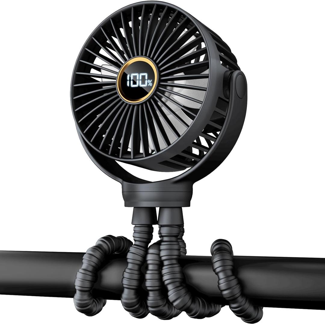 Portable Stroller Mini Fan, Small Rechargeable Personal Fan, Baby Travel Essentials for Wagon, Car Seat, Treadmill, Battery Powered Biking Gear Accessories, 360 Rotation, 3-Speed, Display, Black