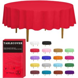D&Z Plastic Table Cloth Disposable, 6 Pack Red Round Tablecloth Individually Wrapped for Indoor&Outdoor, 84 Inch Table Cover for Party, Picnic, Birthday, Wedding & Dinner