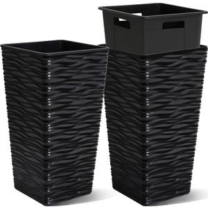 Worth Garden 2-Pack 22" H. Black Square Tapered Planter with Inside Pots - Plastic Plant Pots for Indoor Outdoor - Modern Wavy Finish Decorative Flower Pots for Front Porch Containers Patio Deck
