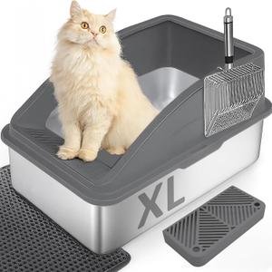 Cat Litter Box Stainless Steel Enclosure, Comfortable Space for Large Cats and Kittens, Easy to Clean Smooth Surface, Durable Metal Build with Cover, Litter Pad, Footboard and Shovel (Dark Gray)
