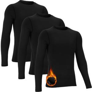 Suhine 3 Pcs 5-14Y Youth Boys Thermal Compression Shirts Fleece Athletic Baselayer Long Sleeve Soccer Baseball Undershirt (Large, Black)