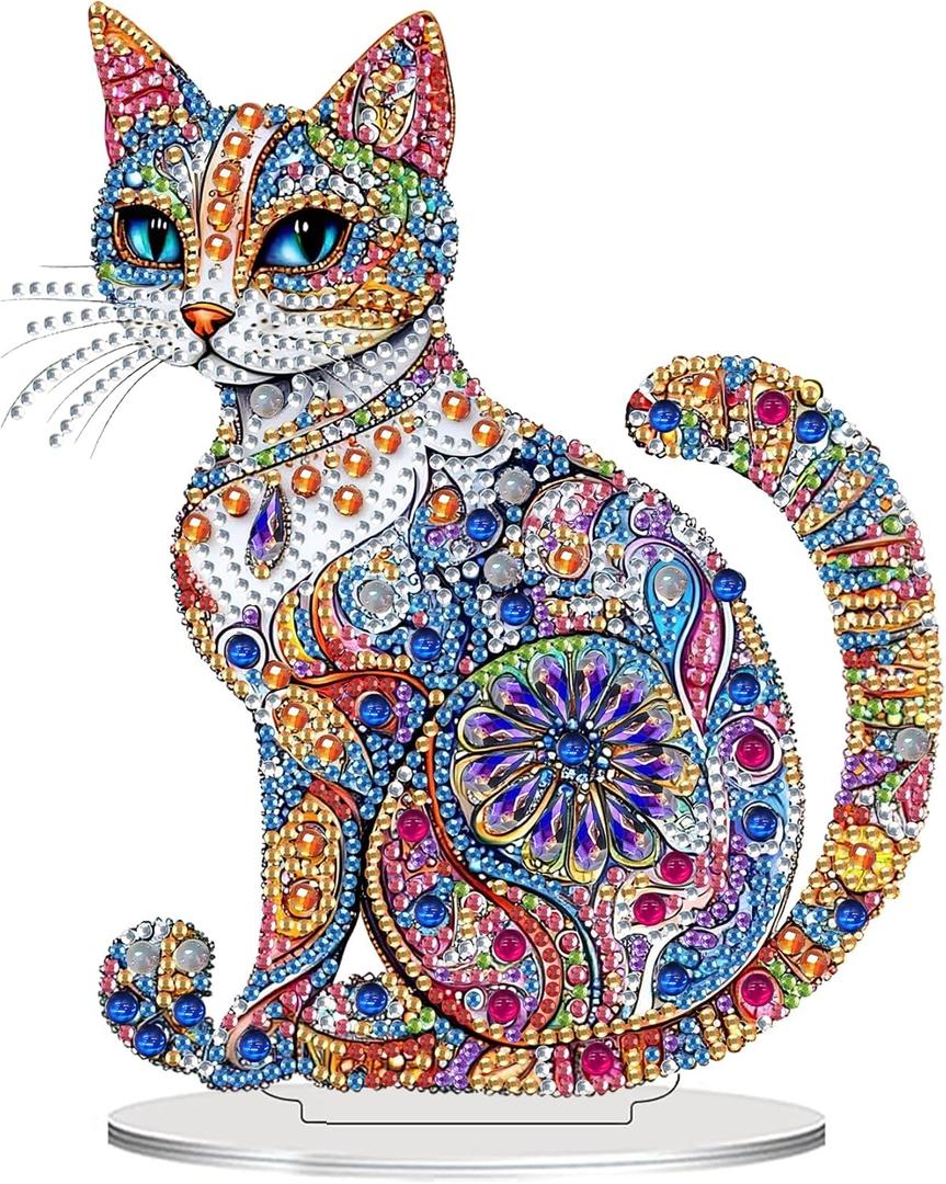 Bimkole Tabletop Diamond Art Kits for Adults Cat, DIY 5D Special Shaped Rhinestone Desk Placement Ornament, Home Office Decor Stand Up Gem Diamond Painting Craft Kit Animals 7.87x7.87inch