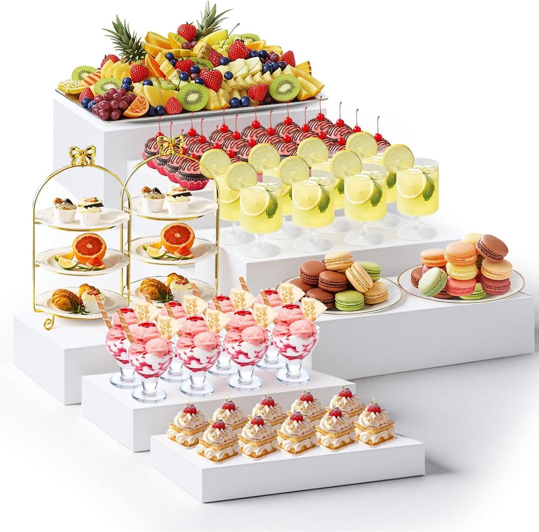 Leinuosen 7 Pcs Extra Large Buffet Risers Set 10" to 16" Rectangle Acrylic Display Box Catering Dessert Table Riser Food Display Decorative Stand with Hollow Bottom for Catering Supplies(White)