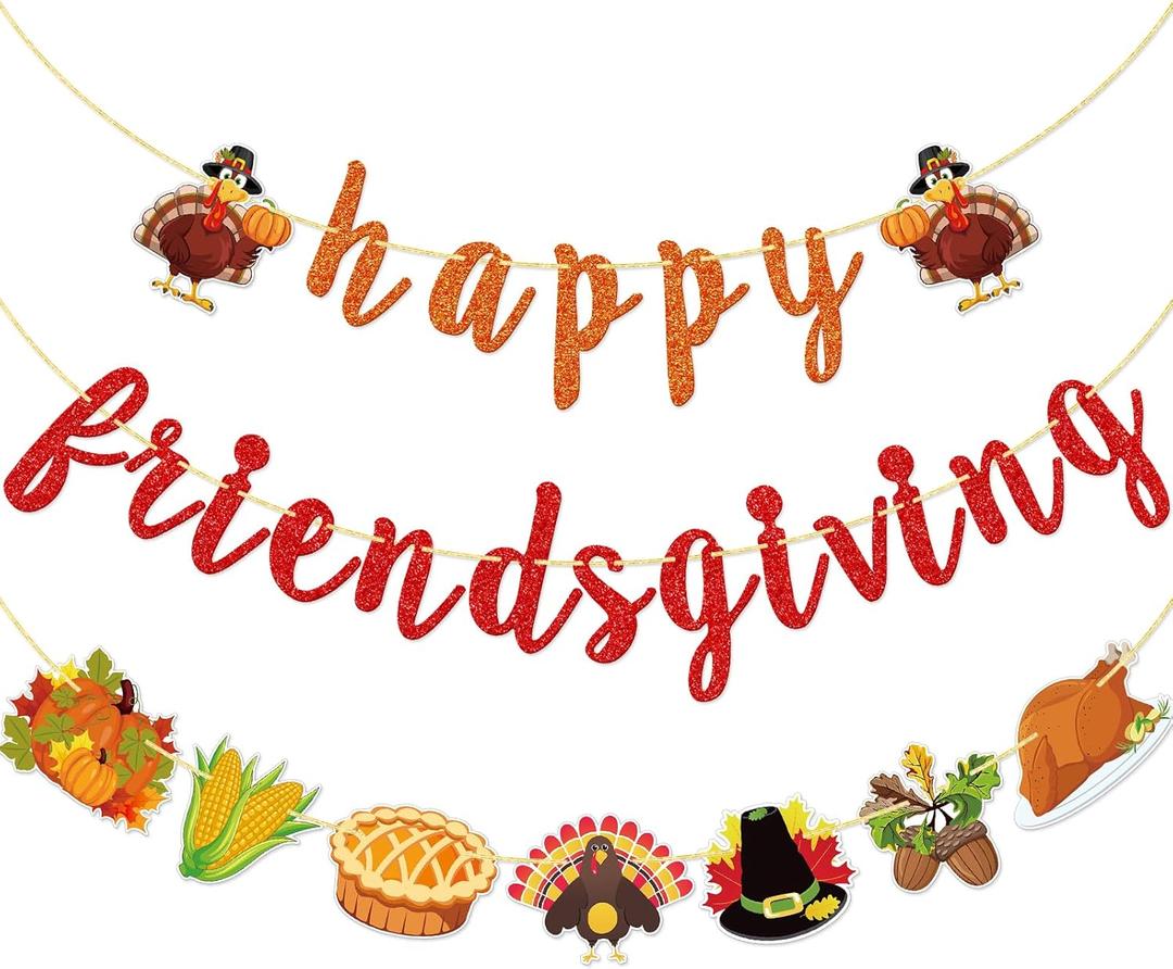 FOZEE Happy Friendsgiving Banner, Thanksgiving Friends Party Banner, Friendsgiving Turkey Decorations for Thanksgiving Party, Fall Harvest Party, Orange and Brown Glitter