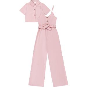 YOURUIKEY Girls Jumpsuit Cute Summer Outfits Kids Crop Top Button Short Sleeve Halter Belted Romper Tween Girls Trendy Clothes Size 8