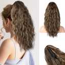 Reecho Ponytail Extension, 18 Inch Claw Clip Ponytail Extension for Women Long Curly Wavy Synthetic Hairpiece for Daily Use - Chocolate Brown with Blonde Highlights