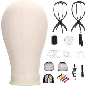 22" Canvas Block Mannequin Head for Wig Making, Hair Weaving, Styling and Display  Realistic Canvas Wig Head with Mount Hole, Fits Tripod Stand, Includes Essential Accessories for Training & Salon Use (Beige)