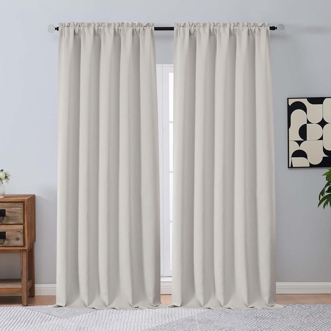 OVZME Natural Room Darkening Curtains 96 Inches Long 2 Panels Set, Solid Thermal Insulated Soft Blackout Curtains for Bedroom, Dual Rod Pocket Window Treatments Drapes for Living Room, 2x50Wx96L
