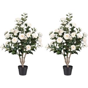 3FT Artificial Camellia Tree 2 Pack, UV Resistant Faux Camellia Plants with Realistic White Flowers, Tall Fake Potted Trees for Front Porch Patio Garden Home Decor, Indoor Outdoor