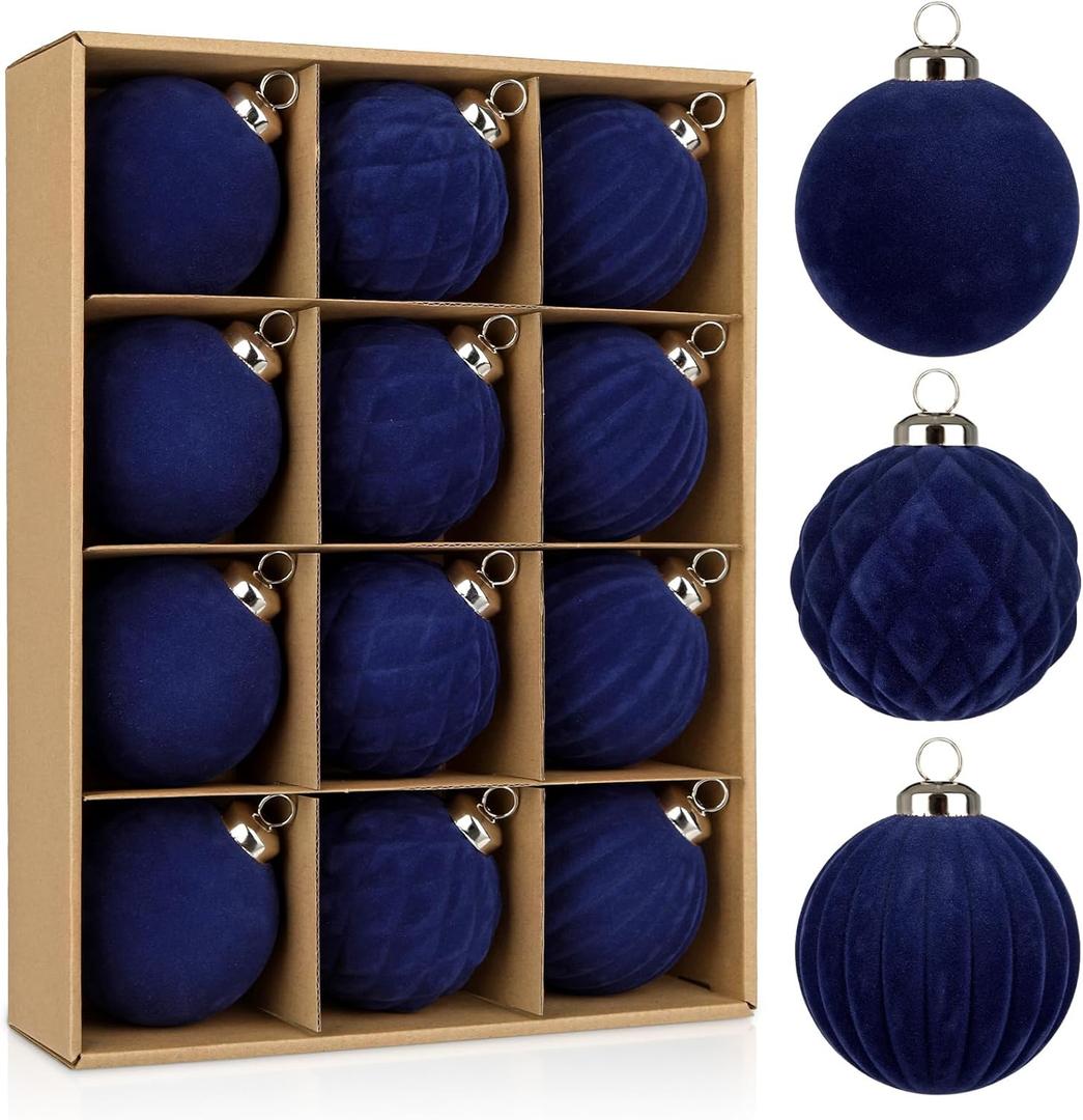 Velvet Christmas Ball Ornaments Set - 12 Pcs 3.1" Large Hanging Balls Navy Blue with 3 Textures|Smooth Diamond Pleated|Shatterproof Luxury Decor for Xmas Tree Holiday Home Party & Seasonal Decorations