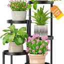 LASZOLA 5 Tier Large Plant Stand Indoor Tall with 10 Inch Metal Tray, Corner Folding Flower Display Rack, Modern Plant Holder Shelf for Outdoor Patio Porch Garden Office Living Room, Black