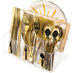 Acrylic Utensil Caddy with Bamboo Handle, Clear Silverware Organizer with Labeled Compartments & Plate Holder, Portable Cutlery Holder for Kitchen Counter, Buffet, Picnic, Party