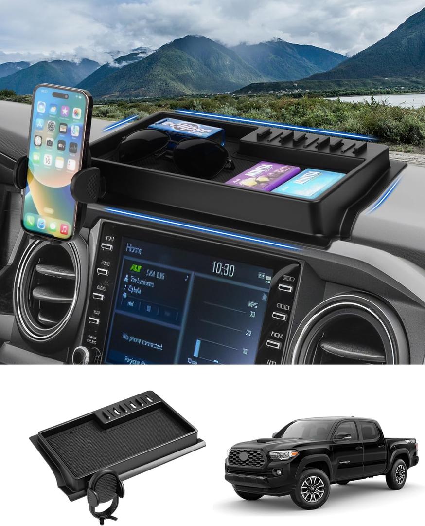Autorder Phone Holder Mount for Toyota Tacoma 2016-2023 Accessories Center Console Dashboard Organizer with Gopro Mount 360 Rotation Phone Stand with Anti-Slip Mat Hands-Free Shockproof