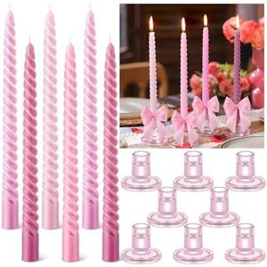 Teenyyou 16 Set 10 Inch Valentine Galentines Pink Spiral Taper Candle Set Including 8 Pcs Coquette Candles Party Supplies and 8 Pcs Coquette Bow Glass Candlestick Holders for Valentines Dinner Wedding