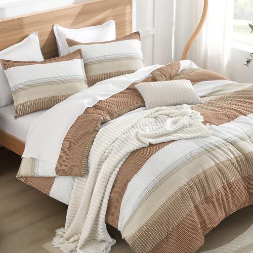 Litanika Queen Comforter Set Beige - 3 Pieces Lightweight Taupe Khaki White Colorblock Stripe Fluffy Bedding Comforter Sets, All Season Bed Set
