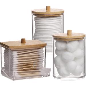 Tbestmax Qtips Holder Bathroom Container, 10/7 OZ Cotton Ball/Swabs Dispenser, Apothecary Jar Organizer for Storage Wood Lids