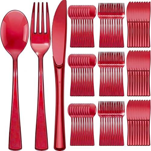 Minatee 150 Pieces Disposable Cutlery Set Plastic Silverware Heavy Duty Utensil Sets 50 Forks 50 Knives 50 Spoons for Home Office School Party Picnics Restaurant Outdoor Events(Red)