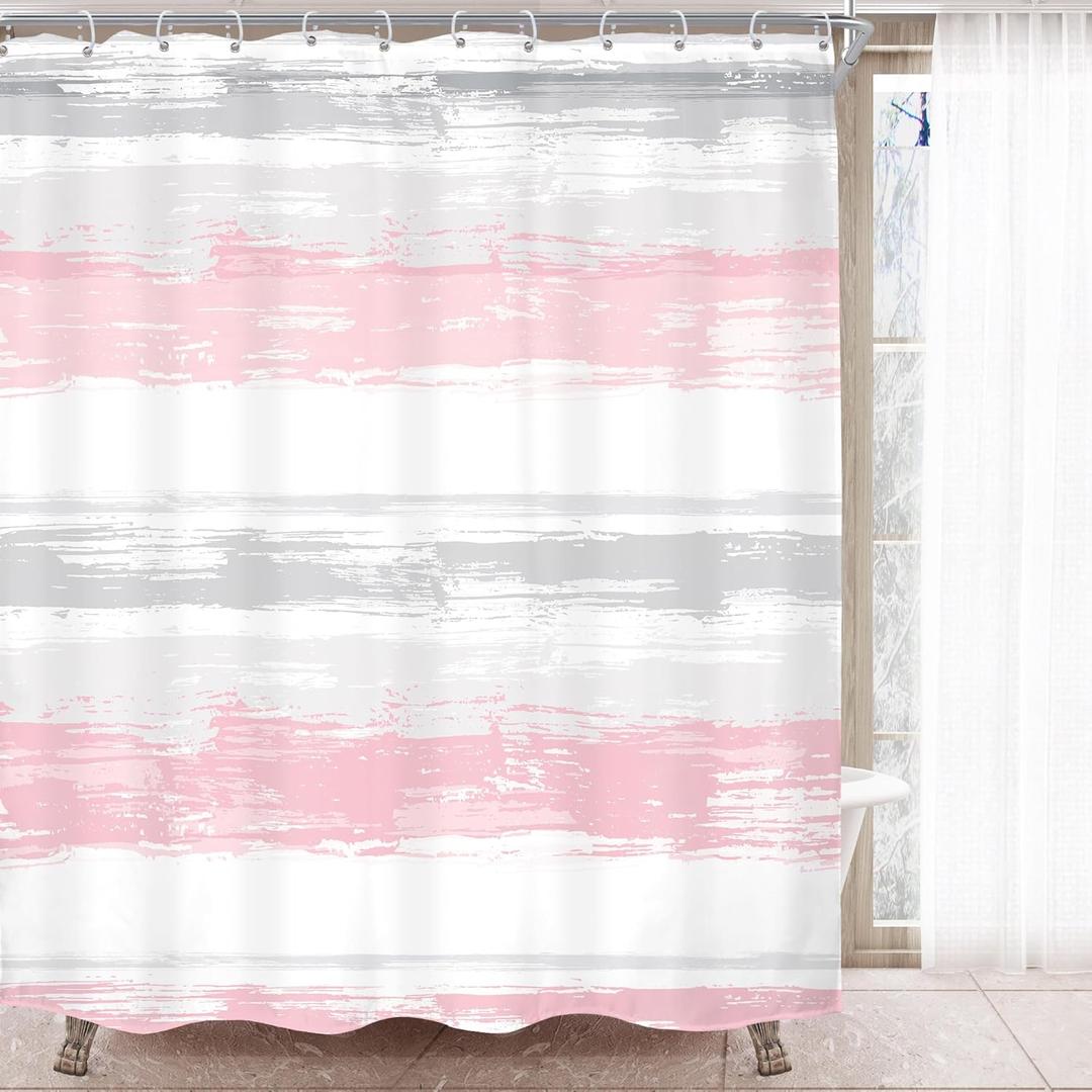 KOMLLEX Abstract Grey Pink Shower Curtain for Women Bathroom Decor 60Wx72H Modern Striped Aesthetic Minimalist Geometric Simple Neutral Watercolor Painting Fabric Waterproof Polyester 12 Pack Hooks
