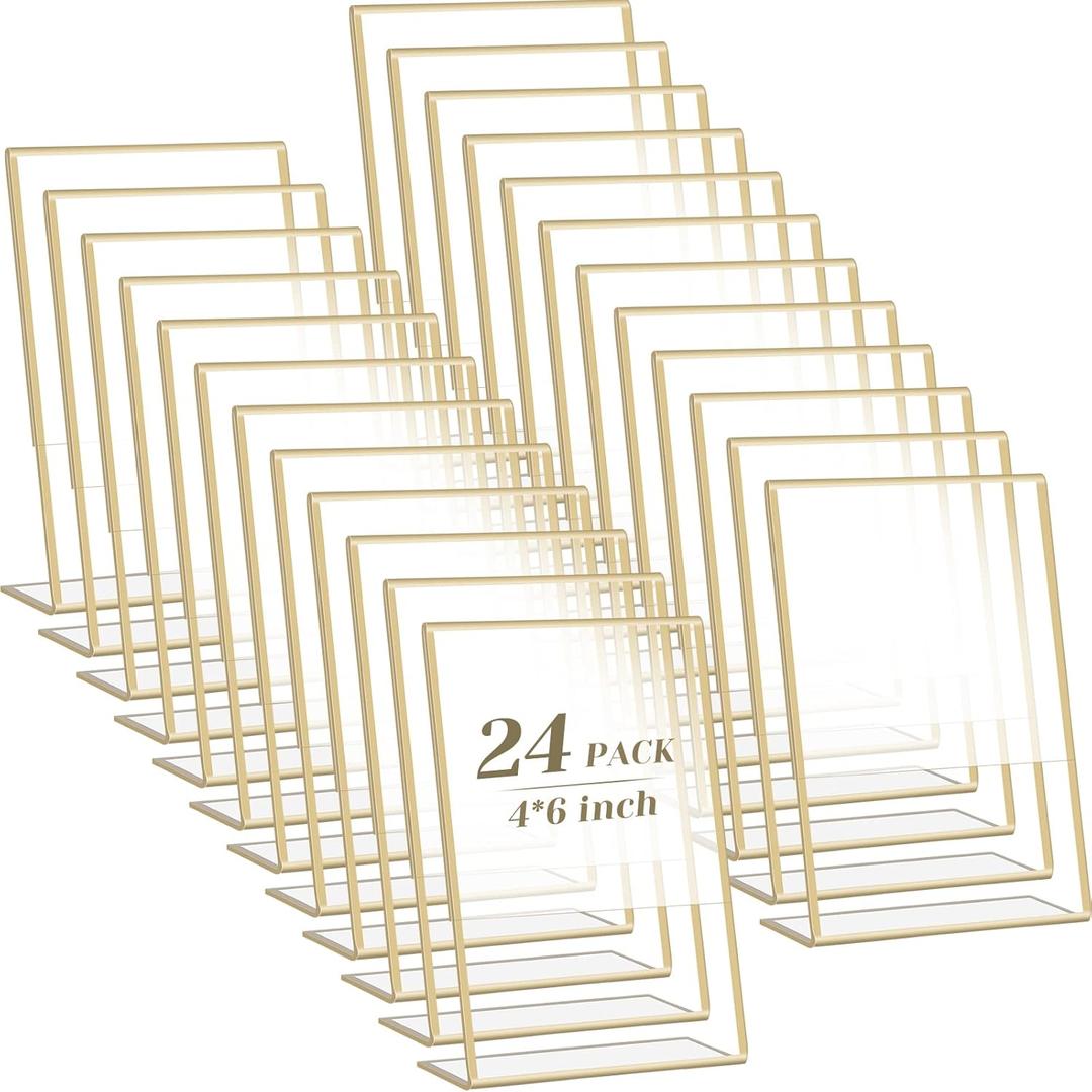 24 Pack 4 x 6 Inch Acrylic Gold Sign Holder Picture Frames Bulk Table Number Holders Plastic Picture Flyer Holder Desktop Table Menu Stands for Wedding Office Store Restaurant Art Photos Display