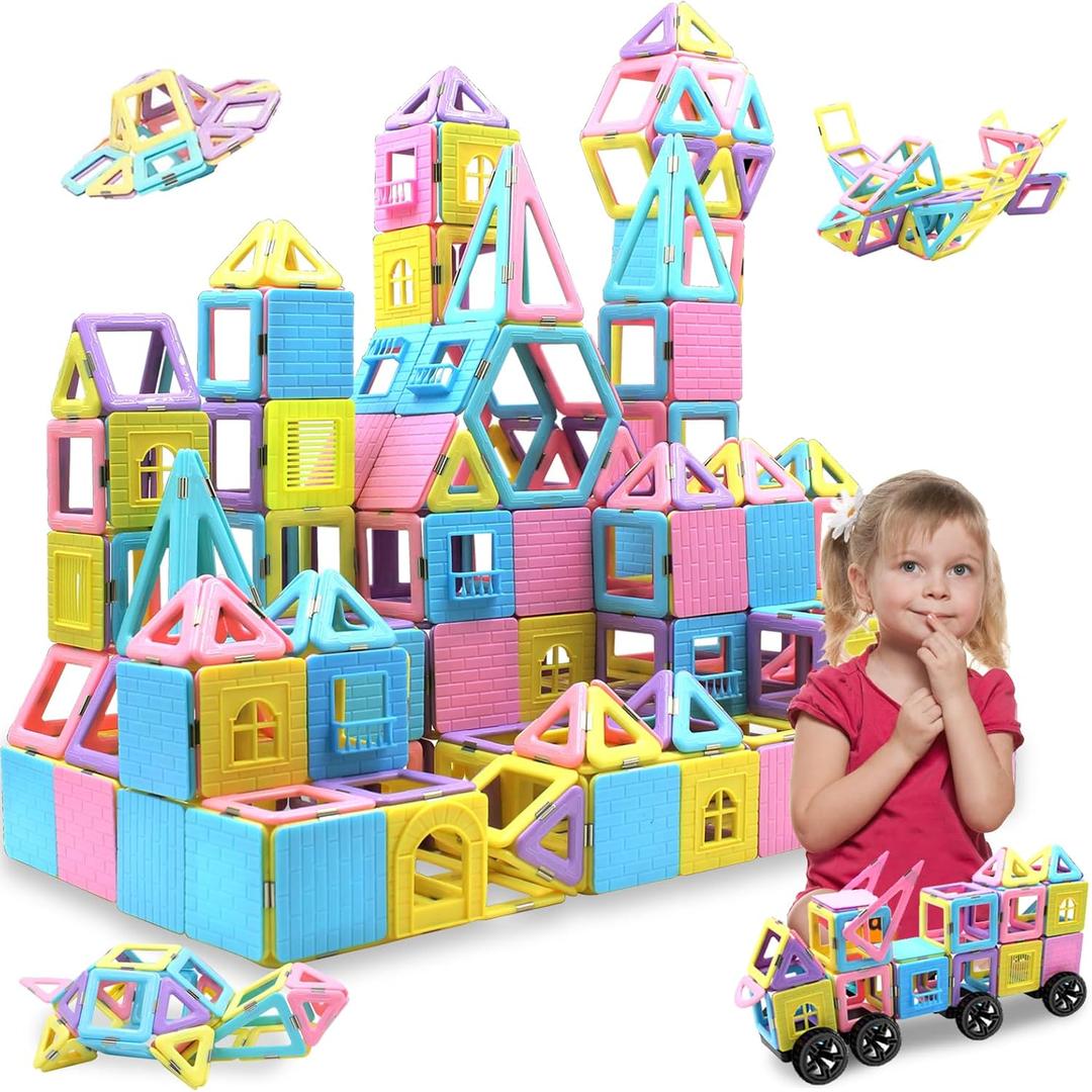 124PCS Magnetic Tiles Toys for 3 4 5 6 7 8+Year Old Boys Girls Upgrade Macaron Castle Blocks Building Set for Toddlers STEM Creativity/Educational Toys for Kids Valentines Day Christmas Birthday Gifts