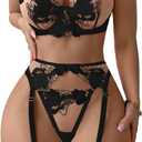 Lilosy Sexy Leaf Floral Embroidered Mesh Sheer Women Underwire Push Up Lingerie Set (Black, L)