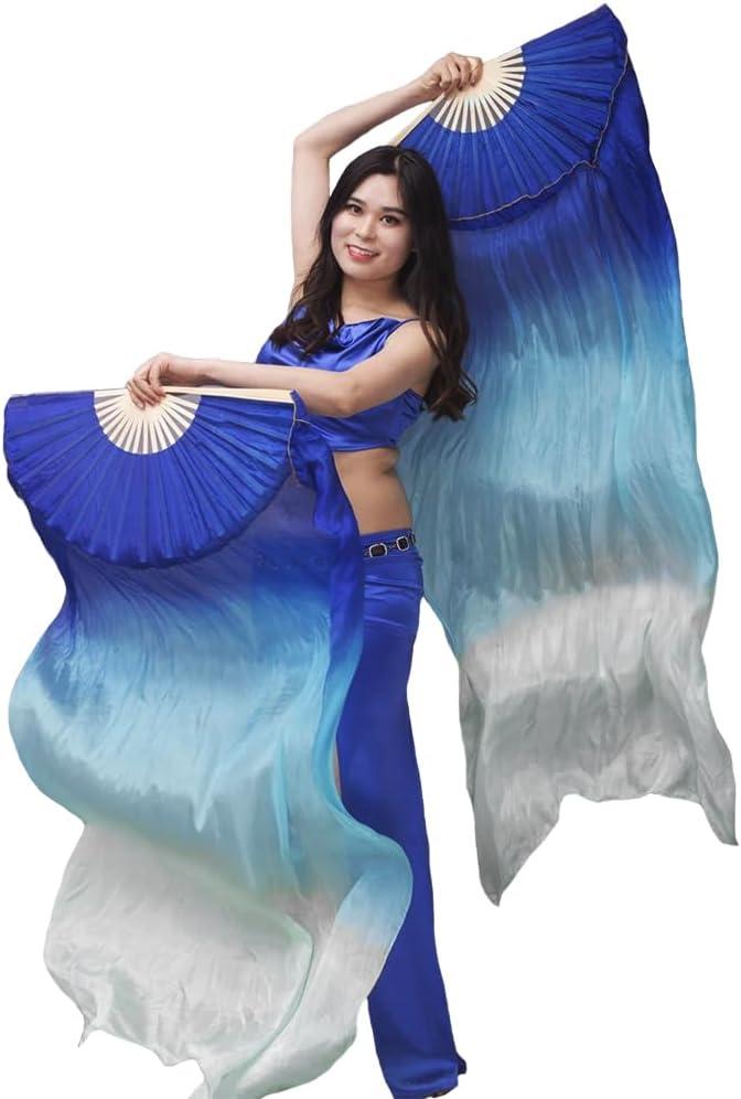 Nimiman Women 1 Pair (Left+Right) Silk Belly Dance Fans Veil Belly Dancing Long Folding Fans Length 180 cm Width 90 cm (Blue Turquoise White)