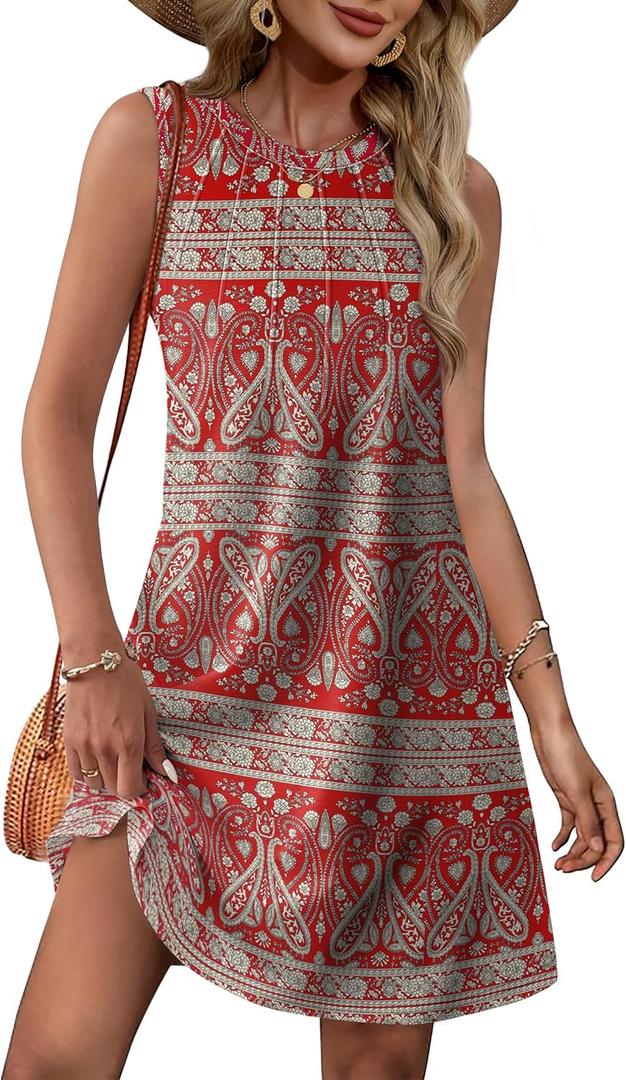 WIHOLL Summer Dresses for Women 2026 Loose Crew Neck Sleeveless Sundresses Casual Swimsuit Coverup with Pockets (Red, XXL)