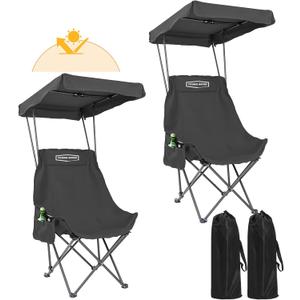 YOUNG WOOD Portable Camping Chair Beach Chair with Shade Canopy, Fold Lightweight Oversized for All, Easy to Open, Close Without Installation, Side Pocket Design for All Outdoor Activities, Black, 2pack