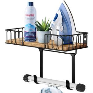 TJ.MOREE Ironing Board Hanger Metal Wall Mount Iron and Ironing Board Holder, Laundry Room Decor and Storage with Large Storage Black Wooden Base Basket and Removable Hooks (Beechwood)