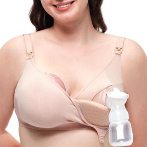 Momcozy Hands-Free Pumping Bra, Wireless & Seamless Breast Pump Bra, Breathable Tencel Fabric & Fully Fixed Cups (Large, Oyster Pink)