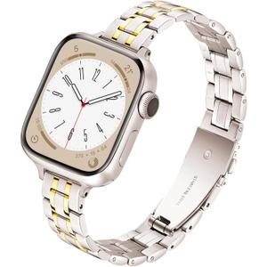 Slim Metal Band for Apple Watch Bands for Women 44mm 45mm 46mm 49 42mm(S3) iWatch Bands, Stainless Steel Thin Dressy Strap for Apple Watch Band Series 11 10 9 8 SE 7 6 5 4 3-Starlight+Gold