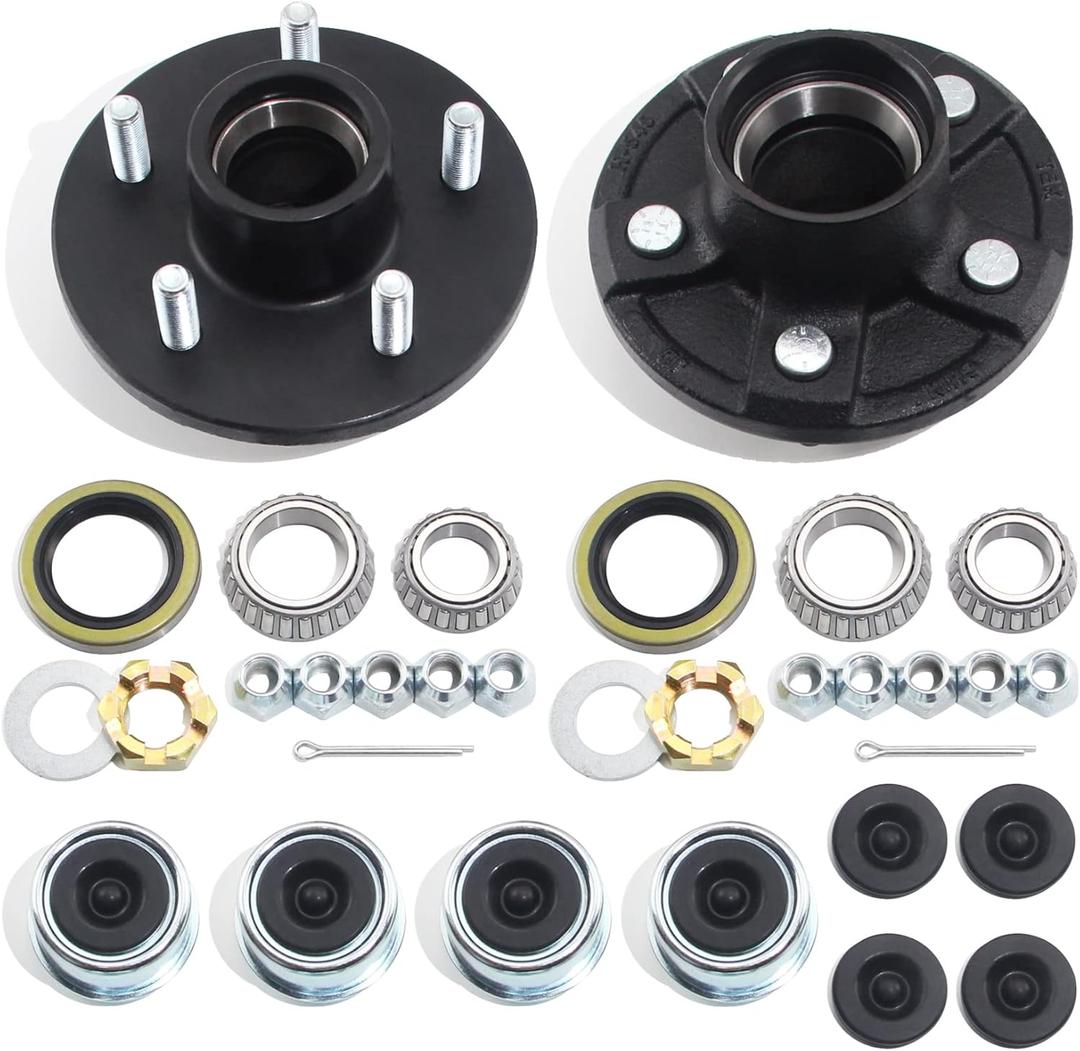 2Sets Trailer Hub Kits 5 on 4.5 for 3500 lbs 1-1/16'' to 1-3/8'' Tapered Axle, Idler Hub with Extra Dust Caps & Rubber Plugs, 5x4.5 Trailer Replacement Hub 5 Lug Bolt Trailer Wheel Hub Kit