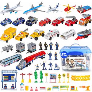 57 PCS Commercial Airport Playset with Airplane Toys, Play Vehicles, Fire Trucks, Police Cars & Figures, and Accessories in Storage Bucket for Kids Imaginative Play