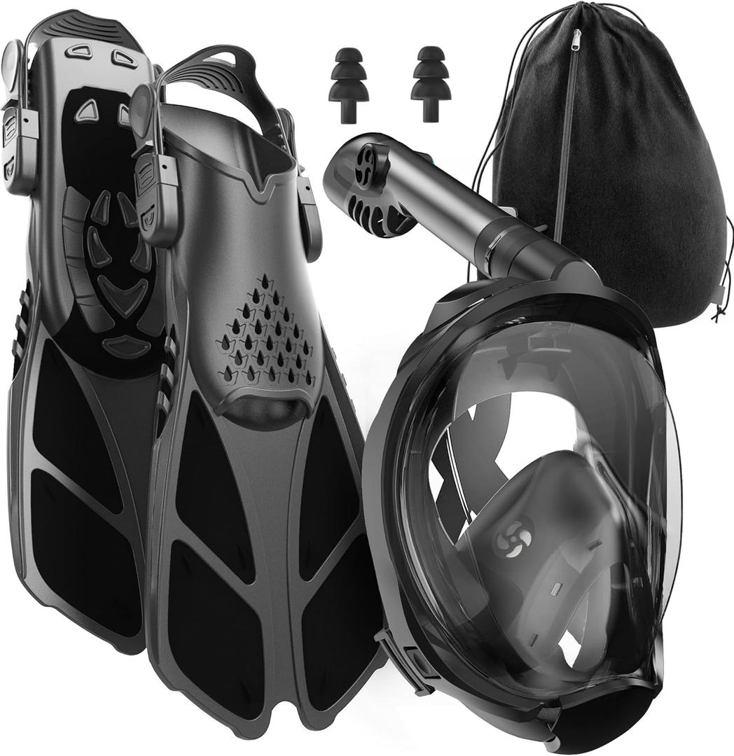 COZIA DESIGN Snorkeling Gear for Adults with Fins - Full Face Snorkel Mask and Swim Fins, 180 Panoramic View Snorkel Mask, Anti Fog and Anti Leak Adult Snorkel Set
(DeepBlack, Mask L - Fins M)