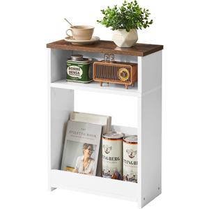 IBUYKE Narrow Side Table with Storage Shelf, 3 Tier Slim End Table for Small Spaces, Wood Small Nightstand with Magazine Rack for Living Room, Bedroom, Sofa, Space Saving, White WST006W