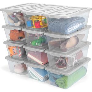 EOENVIVS Plastic Storage Bins with Lids, 12 Packs Set, Storage Boxes with Lids and Stackable Shoe Boxes For Organization, Clear Plastic Storage Containers For Closet Home Office, White